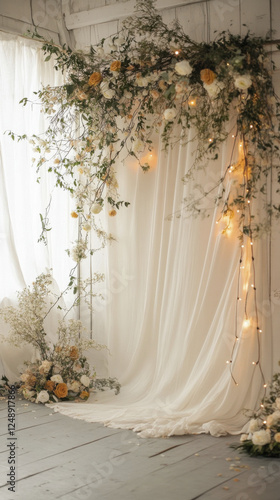 serene boho wedding backdrop with floral arrangements and soft drapery