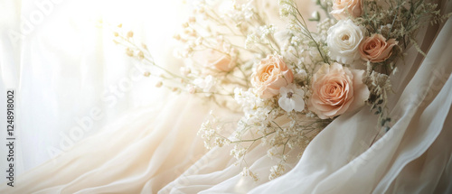 Elegant floral arrangement with soft fabric backdrop, perfect for weddings