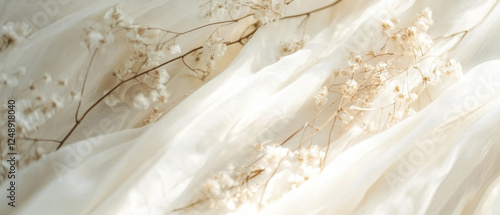Ethereal white fabric with delicate dried flowers, perfect for weddings