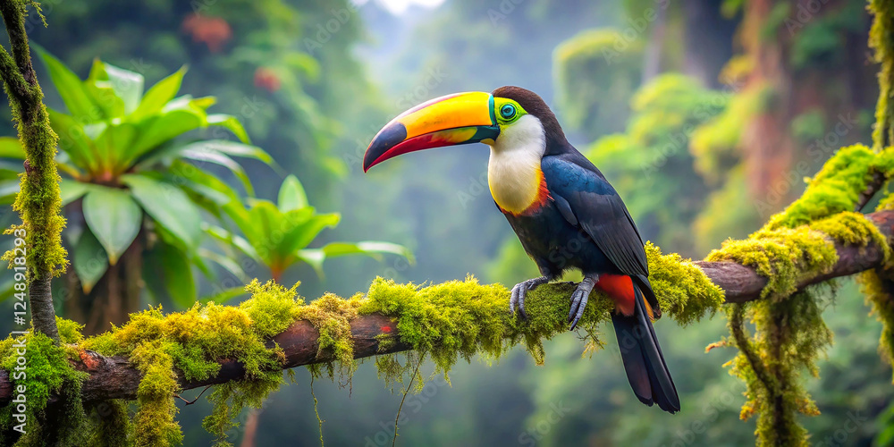 Obraz premium A vibrant toucan peeks out from a tree hollow, its bright green eye gleaming with curiosity.