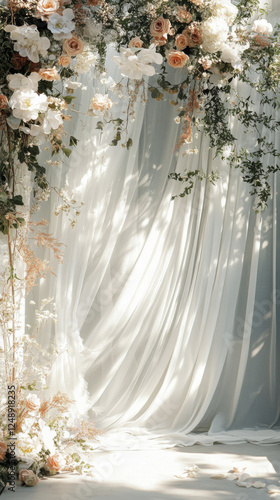 Whimsical boho wedding backdrop with flowing drapes and floral arrangements