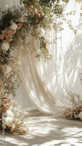 Whimsical boho wedding backdrop with floral arrangements and drapery