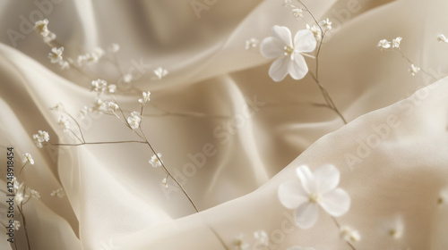 Delicate white flowers on soft beige fabric create serene, elegant atmosphere
