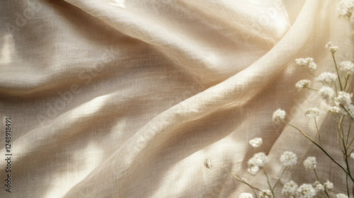 Soft beige fabric with delicate flowers, creating romantic atmosphere
