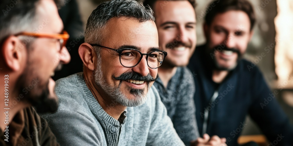 Obraz premium A group of men proudly showcasing their newly grown mustaches, standing together with big smiles