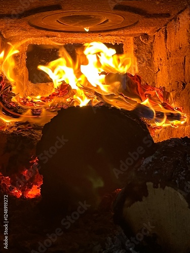 A vivid image of a blazing fire inside a furnace, capturing the intense heat and glowing flames.