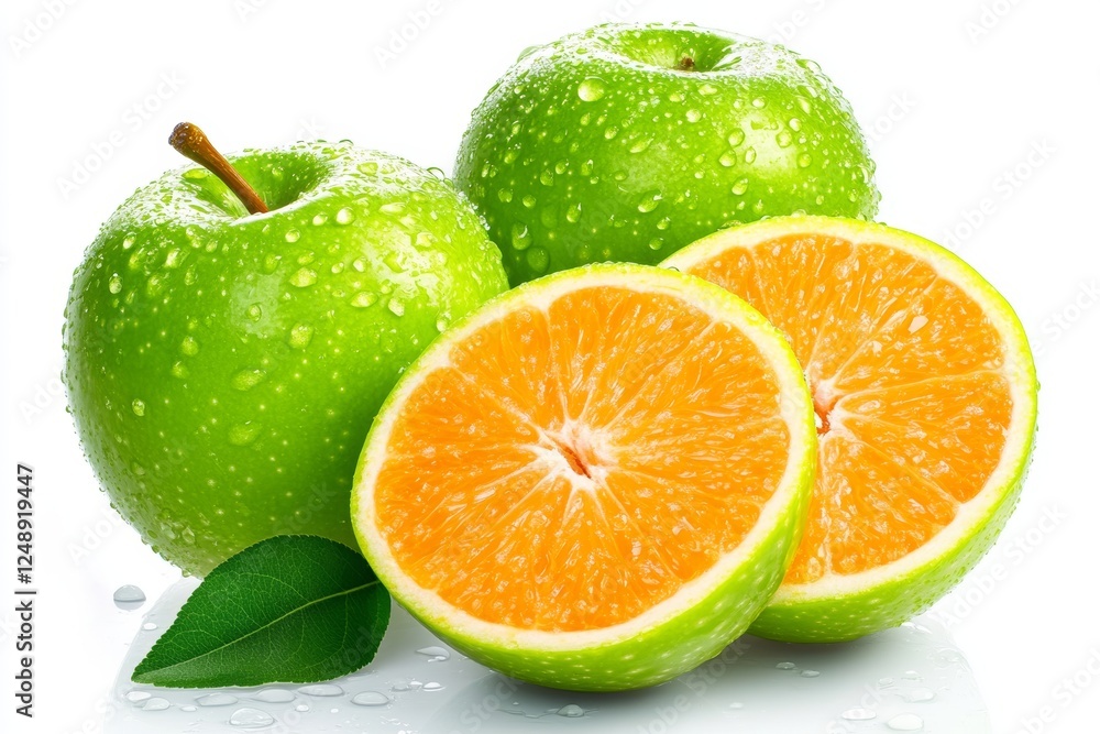 Fresh Green Apples and Juicy Sliced Orange with Water Drops Isolated on White Background Fresh Green Apples and Juicy Sliced Orange with Water Drops Isolated on White Background