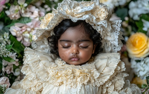 Baby girl sleeping amongst flowers, vintage dress, peaceful scene, beautiful portrait photo