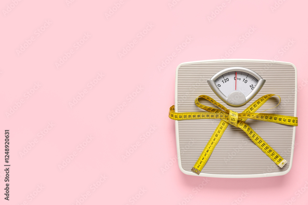 Scales with yellow measuring tape on pink background Scales with yellow measuring tape on pink background