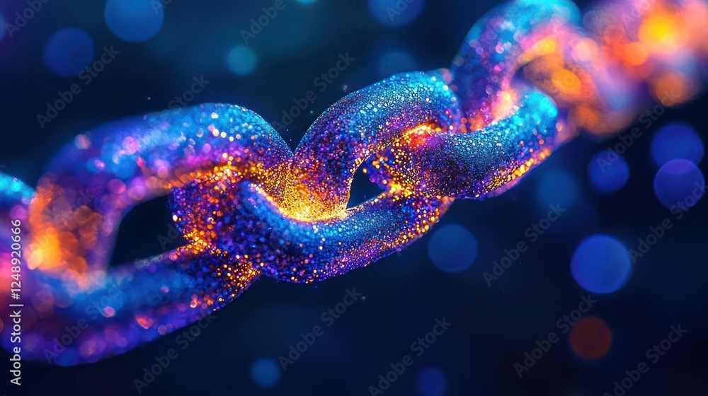 Abstract glowing chain links in vibrant colors on dark background with bokeh Abstract glowing chain links in vibrant colors on dark background with bokeh