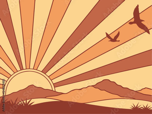 retro sunburst horizon design with vintage effect