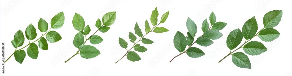 Green leaf sprigs, studio shot, white background, design elements Green leaf sprigs, studio shot, white background, design elements