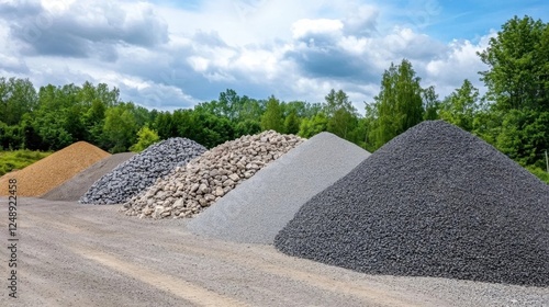 The image shows several large piles of different types of gravel and sand, bordered by trees under a partly cloudy sky.