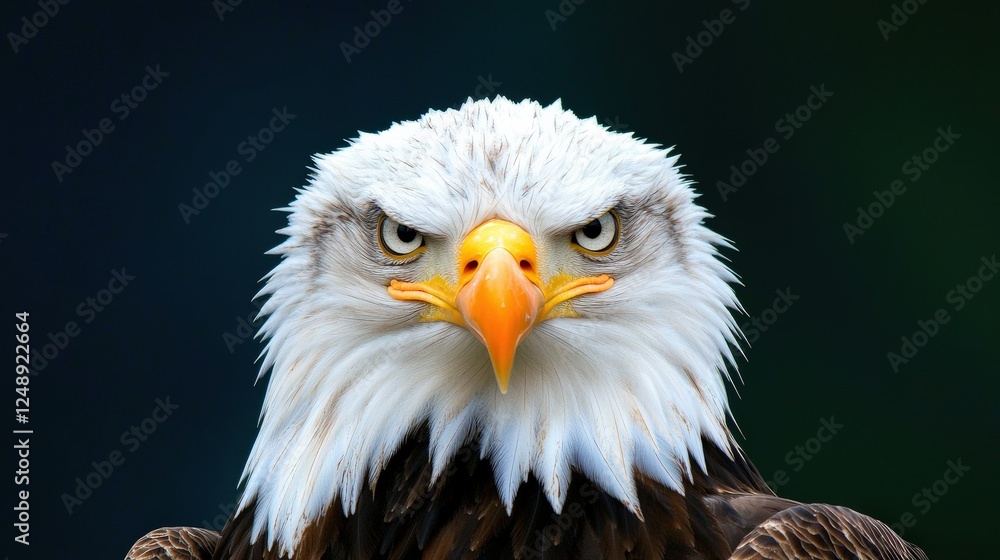 Obraz premium Close-up of a bald eagle face with piercing eyes against a blue sky