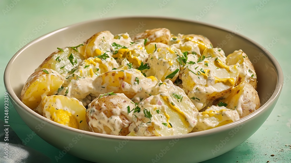 A bowl of creamy potato salad with mustard and herbs, set against a soft green background, A bowl of creamy potato salad with mustard and herbs, set against a soft green background,