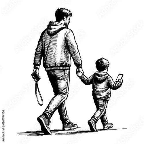 Father holding son hand sketch  engraving black and white outline. Scratch board imitation.  illustrated in vintage line art style on a white background.
