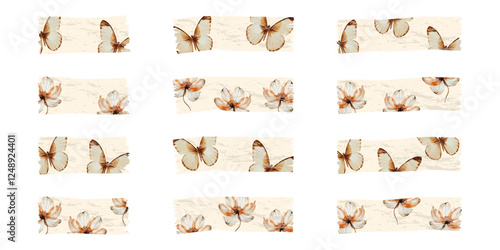 Strips of sticky tape with butterfly and flower elements for scrapbooking collages. Vector illustration.