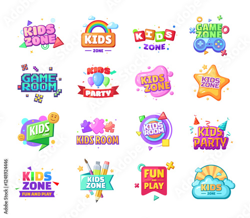 Kids zone set childish banner label or sticker logo, kids zone vector illustration