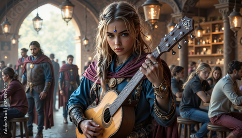 Young bard performing in lively tavern, enchanting fantasy atmosphere