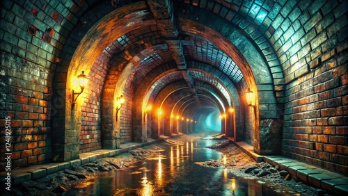 Fototapeta Naklejka Na Ścianę i Meble -  3D Loop Animation: Dark Tunnel Urban Exploration - Mysterious Underground Passage