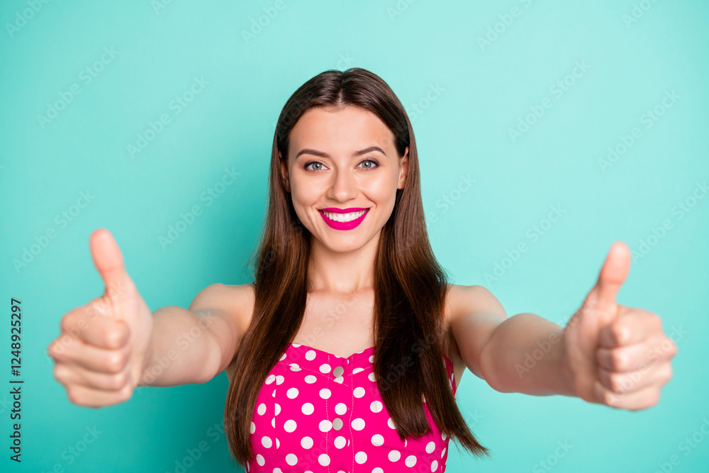 Close-up portrait of her she nice attractive perfect cheerful content straight-haired girl giving two double thumbup advert solution isolated over green blue turquoise bright vivid shine background Close-up portrait of her she nice attractive perfect cheerful content straight-haired girl giving two double thumbup advert solution isolated over green blue turquoise bright vivid shine background