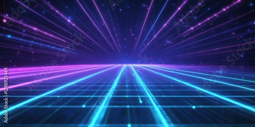 Retro 80s Inspired Neon Grid Background with Glowing Blue and Purple Lines in a Starry Night Sky for Digital Design Projects