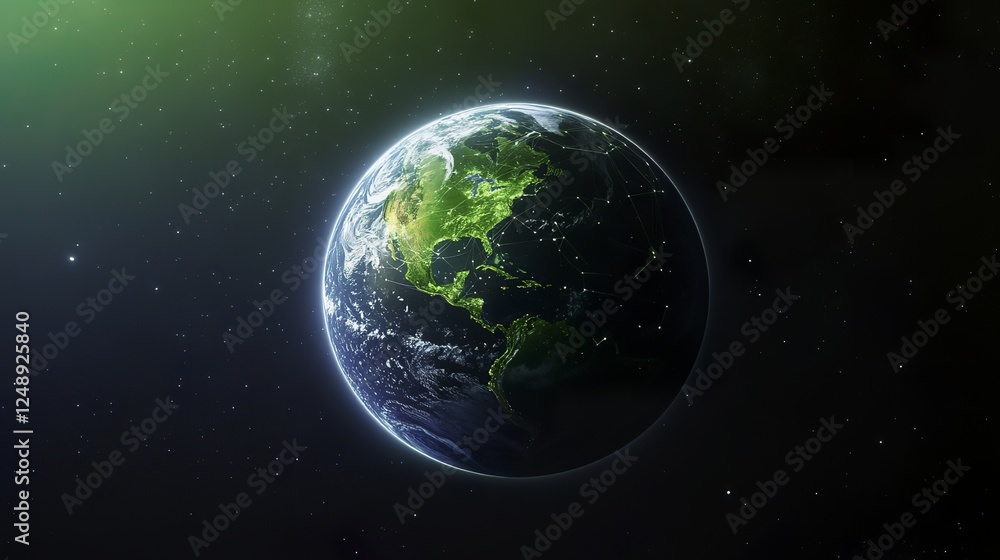 Glowing Earth with abstract network connections, symbolizing global connectivity and unity in a vast universe.