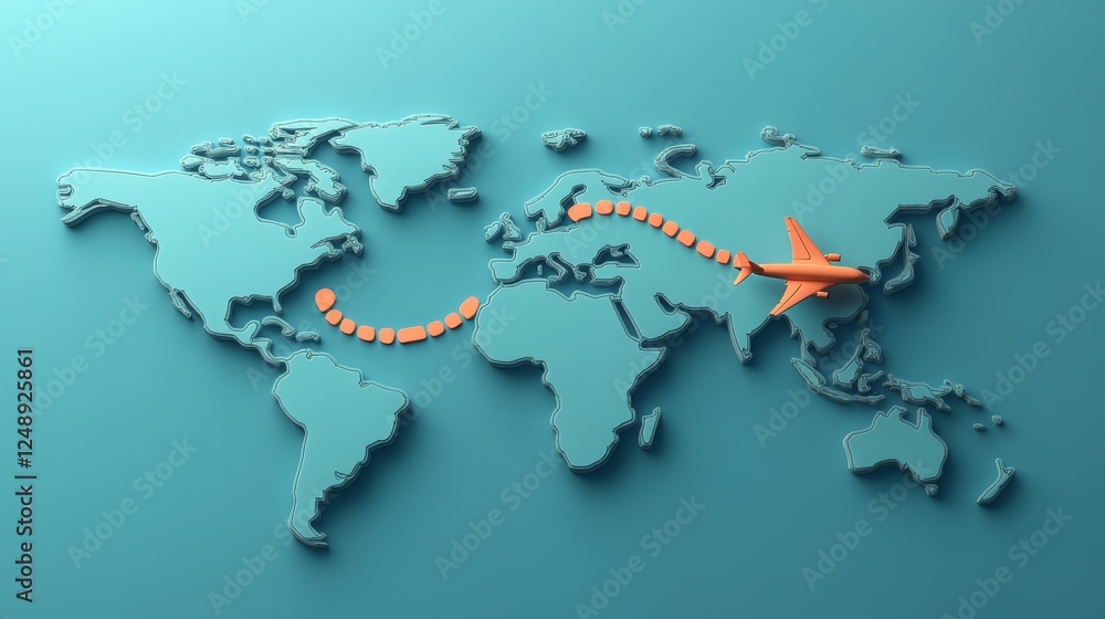 Airplane flying over world map with dotted path on blue background Airplane flying over world map with dotted path on blue background