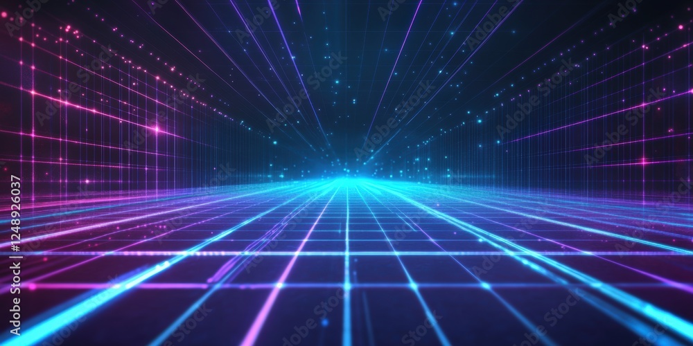 Vibrant 80s Style Grid Background with Glowing Blue and Purple Elements Perfect for Retro and Futuristic Designs in Various Projects