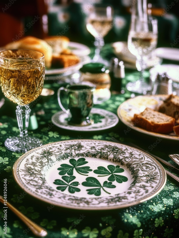 Fototapeta premium St. Patrick's Day dinner setting with shamrock patterned plates, green tablecloth, golden beer glasses and traditional Irish foods such as potatoes and bread.