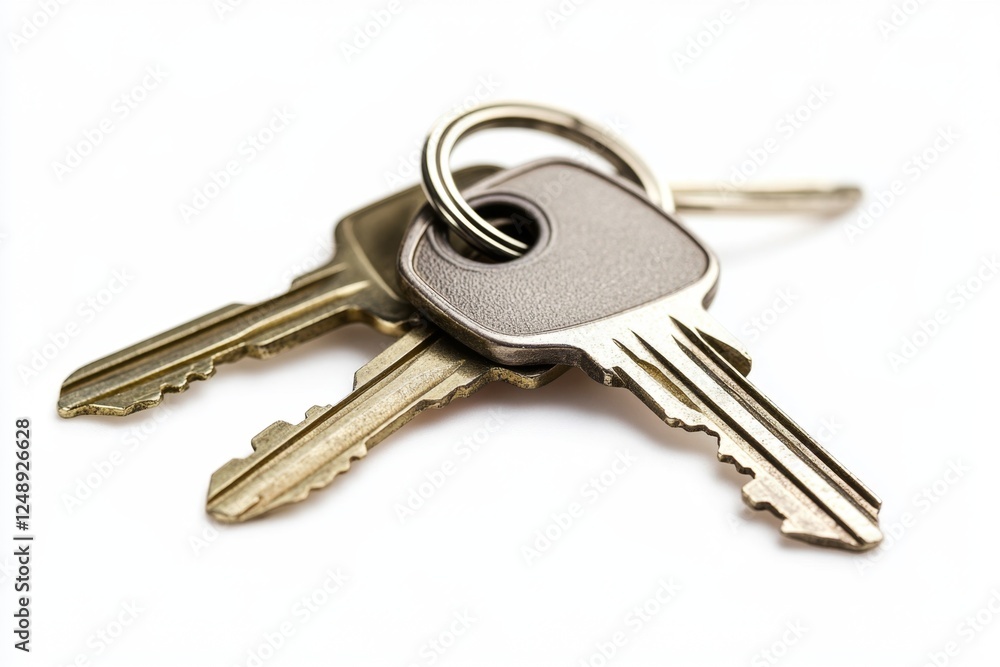 Keys, ring, white background, home, security, isolated, close-up, real estate, access, ownership Keys, ring, white background, home, security, isolated, close-up, real estate, access, ownership