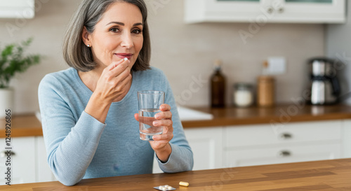 Mature caucasian female taking medication in kitchen