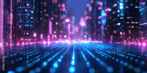 Vibrant 80s Style Grid Background with Glowing Blue and Purple Elements in a Futuristic Cityscape