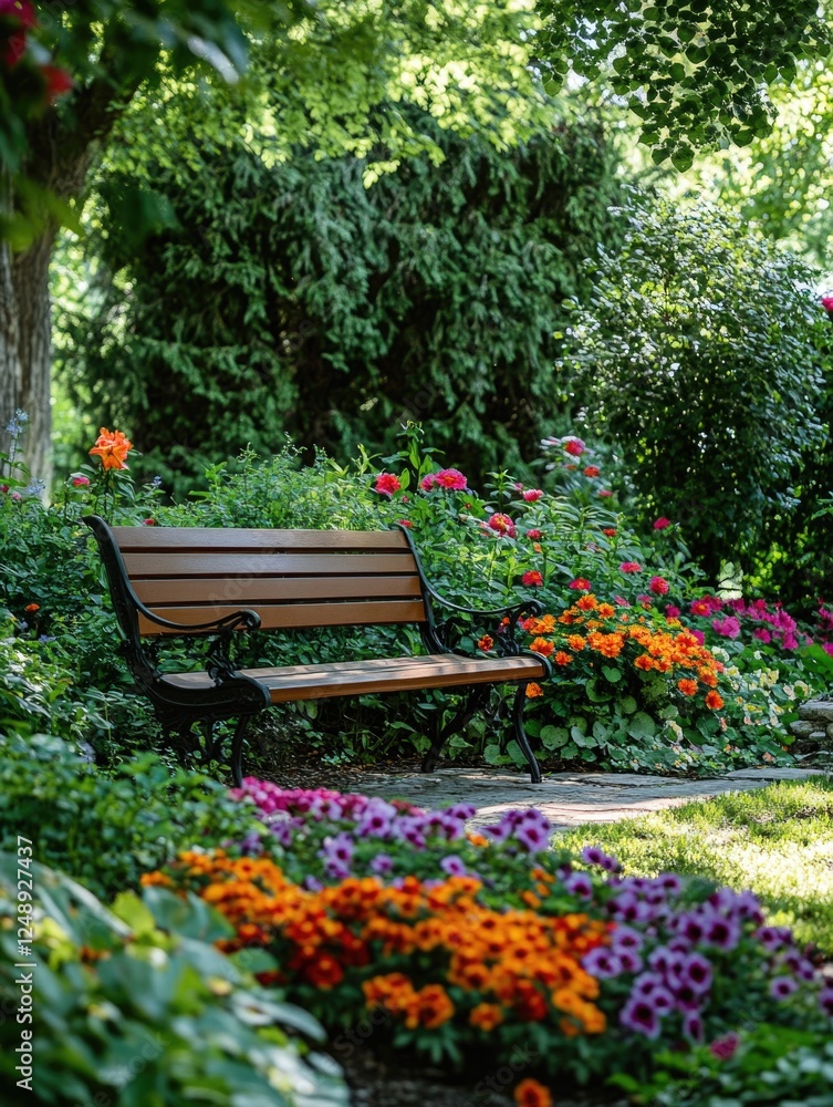 A tranquil park bench overlooking a colorful flower garden with vivid spring blooms. A tranquil park bench overlooking a colorful flower garden with vivid spring blooms.