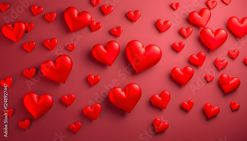 Valentine's Day. Red heart shape backdrop. Abstract holiday Valentine background with red satin hearts. Love concept, smooth light. with white shades