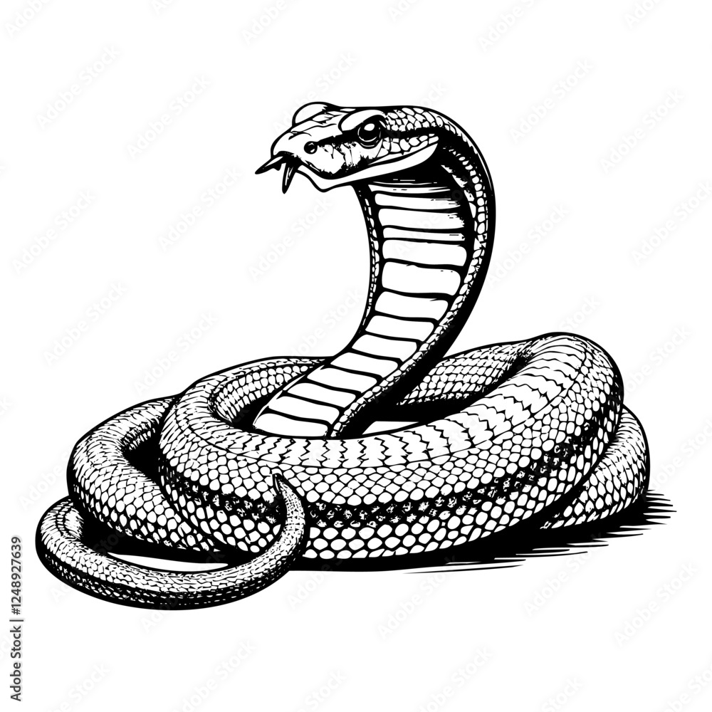 Fototapeta premium Cobra snake engraving black and white outline. Scratch board imitation. 