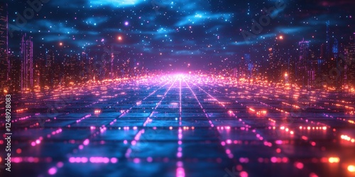 Neon Glowing Grid Background with 80s Style in Blue and Purple Hues Featuring Sparkling Lights and a Starry Sky