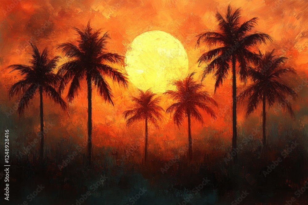 Tropical Sunset with Silhouetted Palm Trees and Vibrant Skies Tropical Sunset with Silhouetted Palm Trees and Vibrant Skies