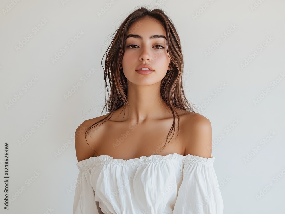 Fototapeta premium Portrait of a young woman with beautiful brown hair and fair skin in a white top
