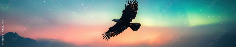 Obraz premium Eagle silhouette flying under glowing aurora borealis in the night sky
