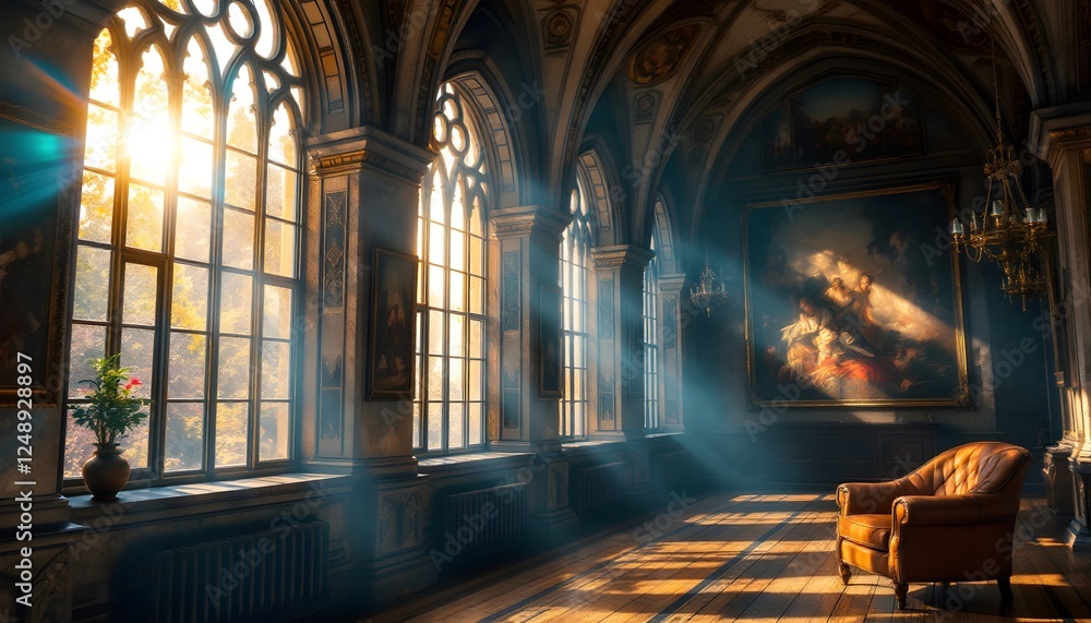 Obraz premium Elegant Historic Gallery Room with Large Windows and Antique Paintings