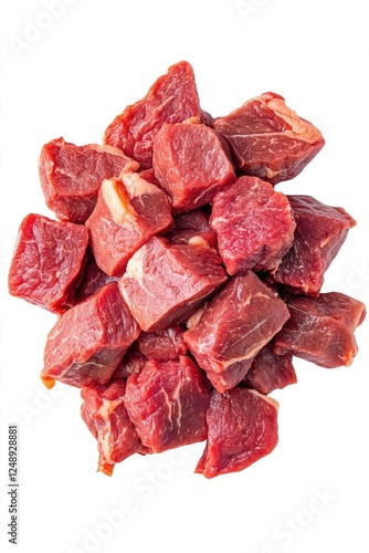 Pile of raw, cubed beef steaks for cooking.