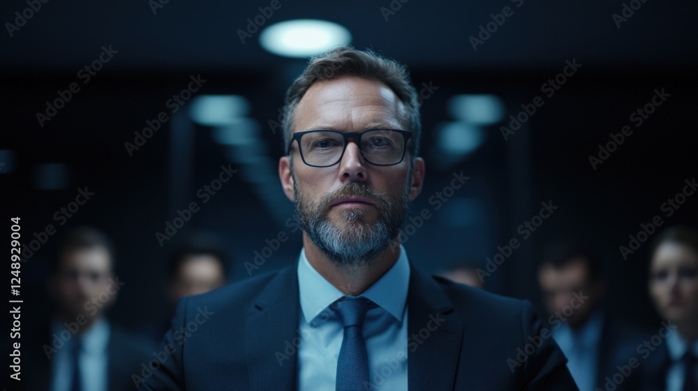 serious businessman with team in background serious businessman with team in background