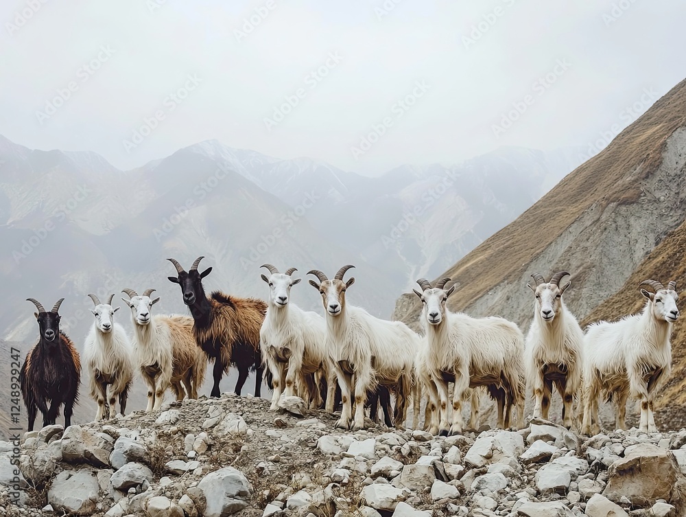 Fototapeta premium A Herd of Mountain Goats Posing Majestically Against a Foggy Mountain Landscape