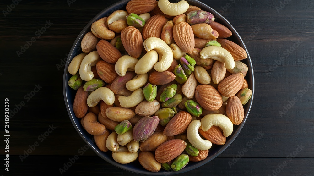 A bowl of mixed nuts, almonds, cashews, and pistachios, placed on a dark wood background, A bowl of mixed nuts, almonds, cashews, and pistachios, placed on a dark wood background,