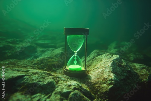 The image depicts a sand clock, an underwater timekeeping device, on a rocky shore. The juxtaposition of a commonplace item with the unique marine environment creates a surreal and evocative scene.