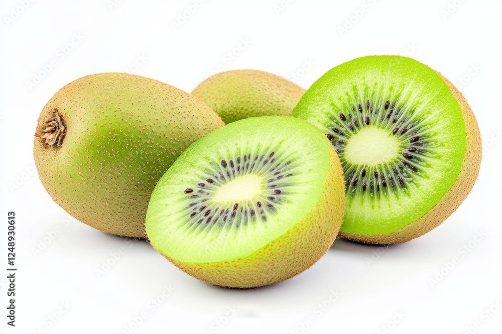 Juicy Kiwi fruit halves & whole on white background Juicy Kiwi fruit halves & whole on white background