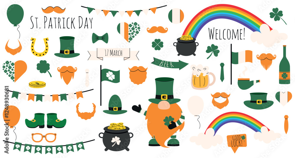 Big vector horizontal Happy St. Patrick's Day set with green clover, shamrock, gold coins pot, flag, rainbow, moustache, horseshoe, hat, flags, garlands, beer in hand drawn style. Doodle design Big vector horizontal Happy St. Patrick's Day set with green clover, shamrock, gold coins pot, flag, rainbow, moustache, horseshoe, hat, flags, garlands, beer in hand drawn style. Doodle design