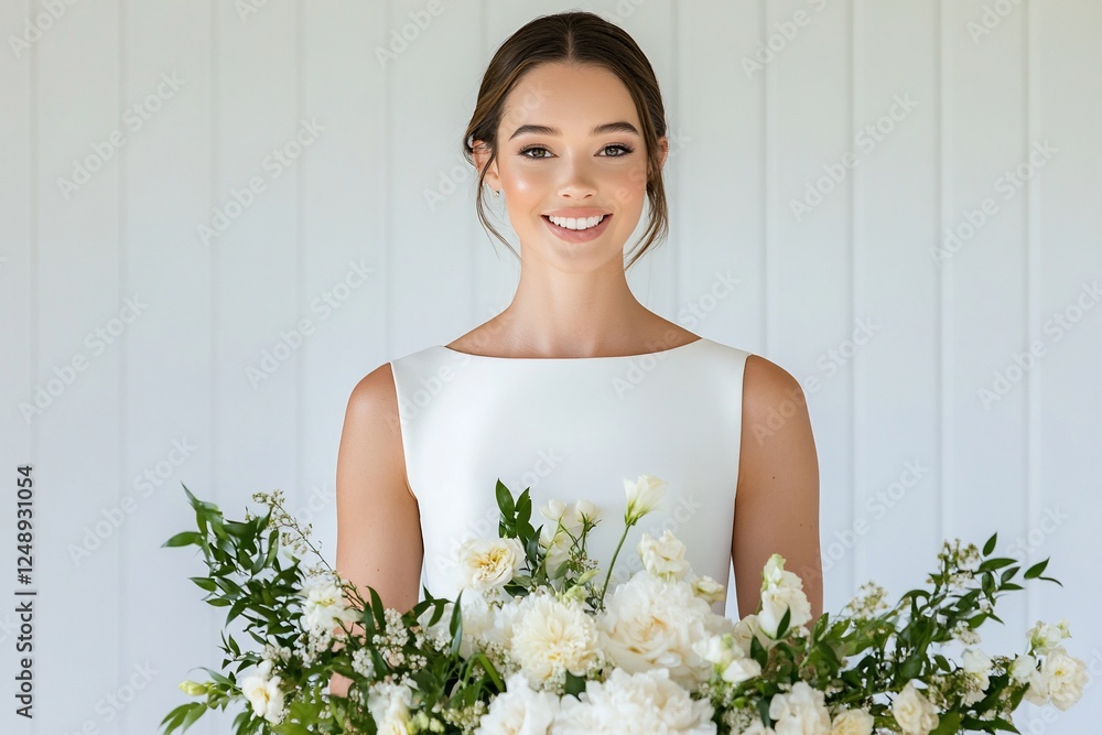 Bride portrait, holding white flowers bouquet with plain white wall on background Bride portrait, holding white flowers bouquet with plain white wall on background