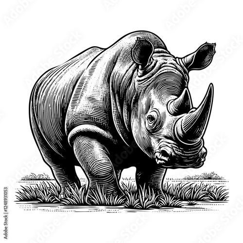 Rhino engraving black and white outline. Scratch board imitation.  illustrated in vintage line art style on a white background.
